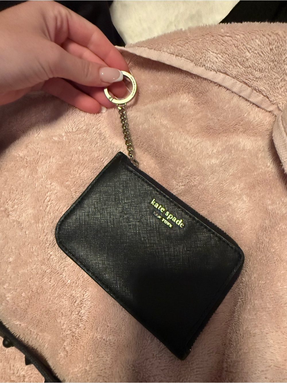 kate spade Black Saffiano Zip Key Card Holder with Gold Hardware